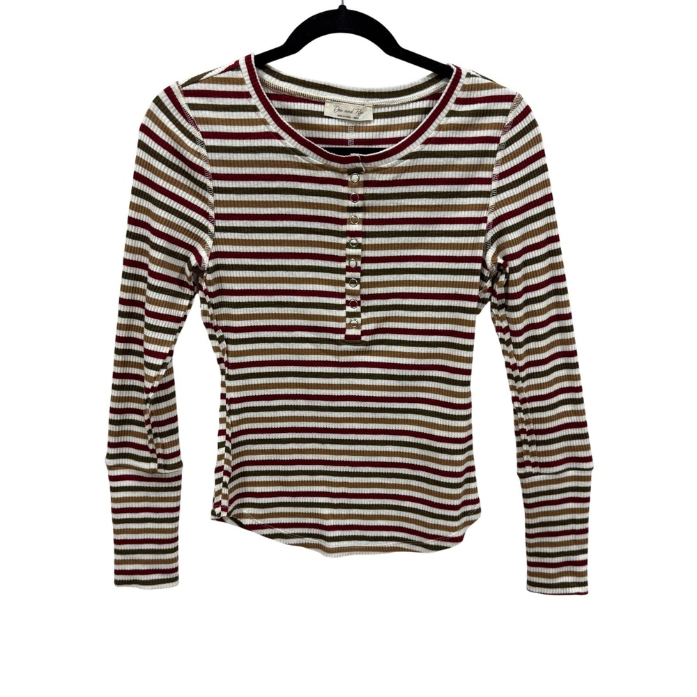 Doe and Rae Striped Ribbed Henley Top Long Sleeve Multicolor Small